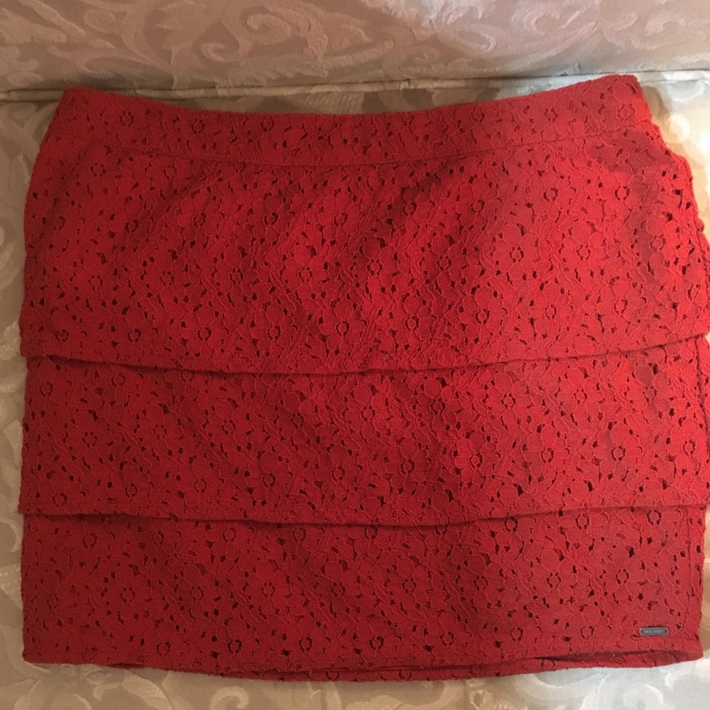 Volcom - Red Lace Mini Skirt - 3 Layers, Lined, Zipper Back Closure, Size 3